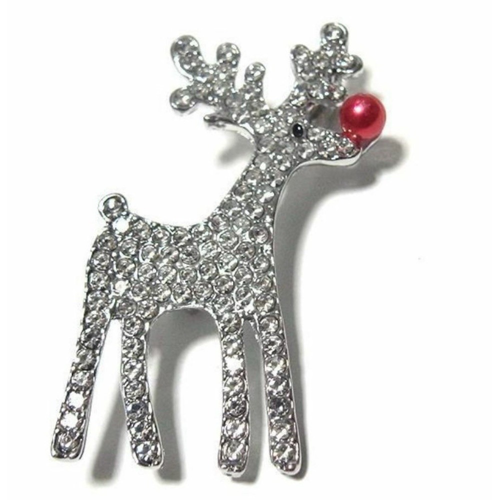 Rhinestone Silver Reindeer Red Nose Christmas Brooch New‎